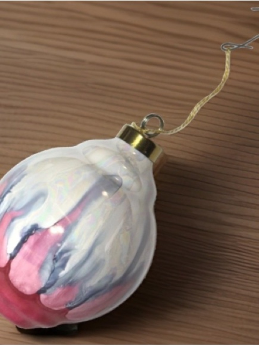 Hand-Painted White and Pink Glass Holiday Ornament with Gold Cap